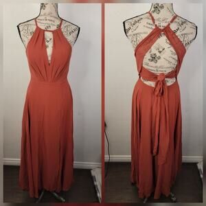 Azazie Evalleen Burnt Orange Maxi Dress SZ A0 Bridesmaid Formal Halter Gown